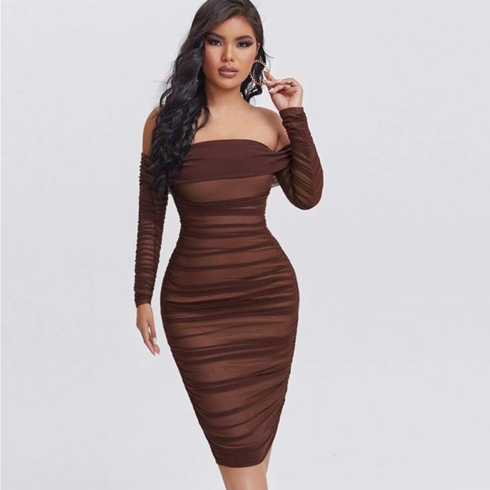 Ruched Off Shoulder Mesh Bodycon Dress